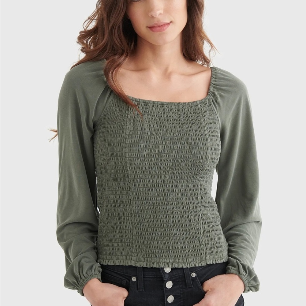 Lucky Brand Green Smocked Puff Sleeve Blouse